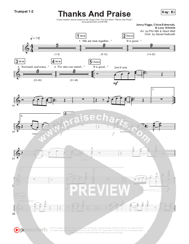 Thanks And Praise (Choral Anthem SATB) Trumpet 1,2 (Songs From The Soil / Lucy Grimble / Philippa Hanna / Rich DiCas / Arr. Phil Nitz)
