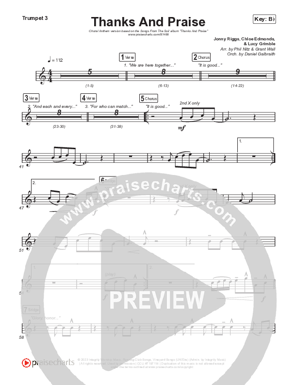 Thanks And Praise (Choral Anthem SATB) Trumpet 3 (Songs From The Soil / Lucy Grimble / Philippa Hanna / Rich DiCas / Arr. Phil Nitz)
