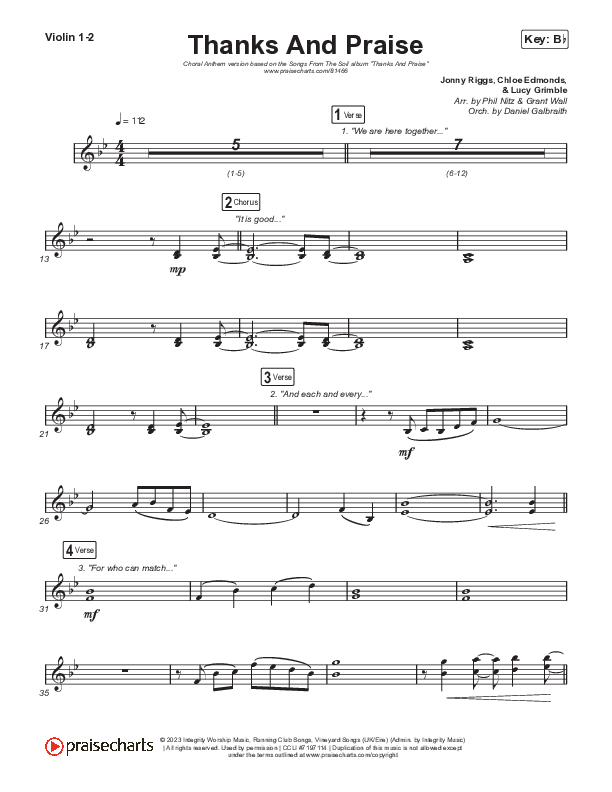 Thanks And Praise (Choral Anthem SATB) Violin 1,2 (Songs From The Soil / Lucy Grimble / Philippa Hanna / Rich DiCas / Arr. Phil Nitz)