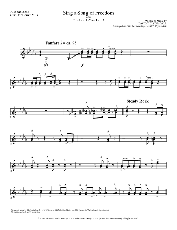 Sing A Song Of Freedom with This Land Is Your Land (Choral Anthem SATB) Alto Sax 2 (Lillenas Choral / Arr. David Clydesdale)
