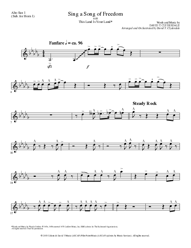 Sing A Song Of Freedom with This Land Is Your Land (Choral Anthem SATB) Alto Sax (Lillenas Choral / Arr. David Clydesdale)