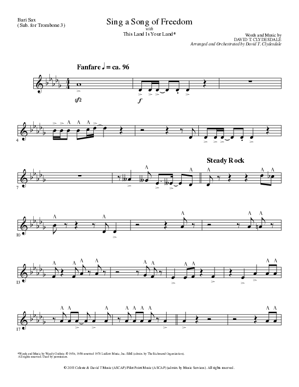 Sing A Song Of Freedom with This Land Is Your Land (Choral Anthem SATB) Bari Sax (Lillenas Choral / Arr. David Clydesdale)
