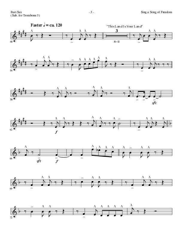 Sing A Song Of Freedom with This Land Is Your Land (Choral Anthem SATB) Bari Sax (Lillenas Choral / Arr. David Clydesdale)