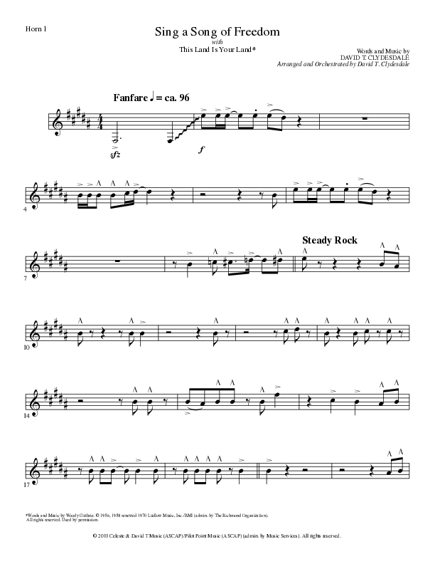 Sing A Song Of Freedom with This Land Is Your Land (Choral Anthem SATB) French Horn 1 (Lillenas Choral / Arr. David Clydesdale)