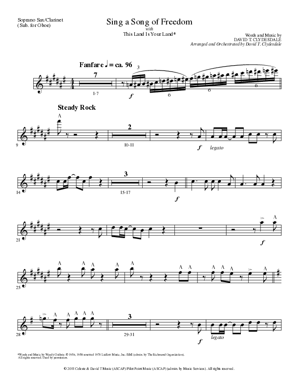 Sing A Song Of Freedom with This Land Is Your Land (Choral Anthem SATB) Soprano Sax (Lillenas Choral / Arr. David Clydesdale)