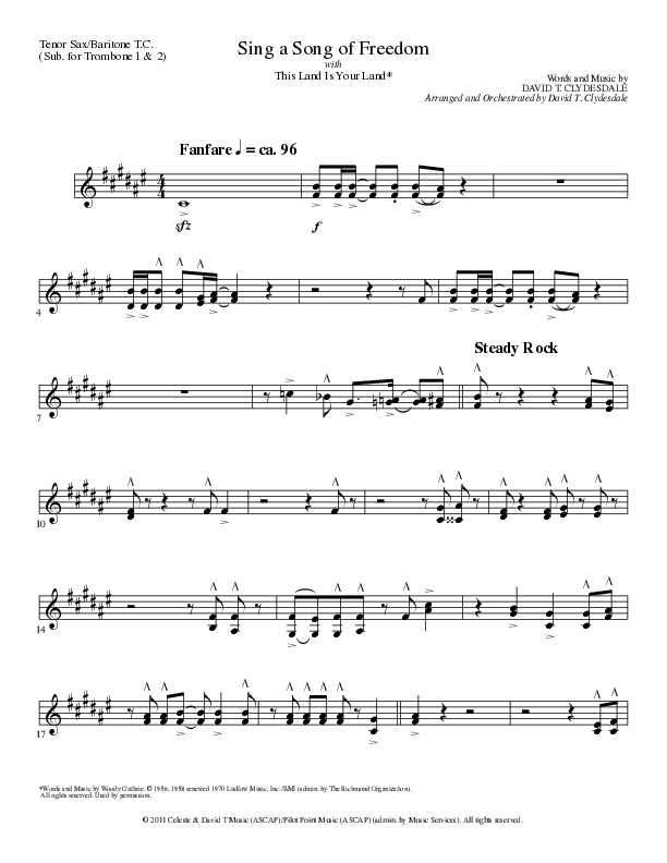 Sing A Song Of Freedom with This Land Is Your Land (Choral Anthem SATB) Tenor Sax/Baritone T.C. (Lillenas Choral / Arr. David Clydesdale)