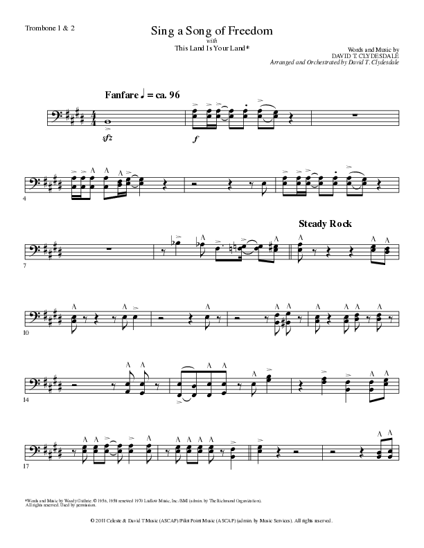 Sing A Song Of Freedom with This Land Is Your Land (Choral Anthem SATB) Trombone 1/2 (Lillenas Choral / Arr. David Clydesdale)