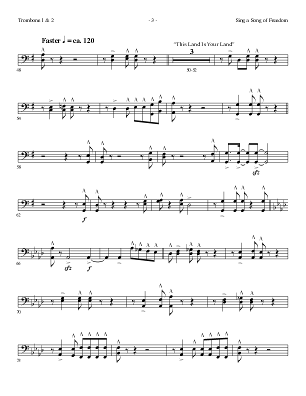 Sing A Song Of Freedom with This Land Is Your Land (Choral Anthem SATB) Trombone 1/2 (Lillenas Choral / Arr. David Clydesdale)
