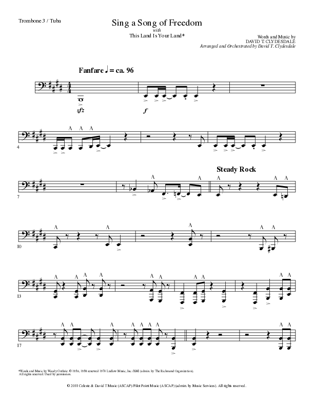 Sing A Song Of Freedom with This Land Is Your Land (Choral Anthem SATB) Trombone 3/Tuba (Lillenas Choral / Arr. David Clydesdale)