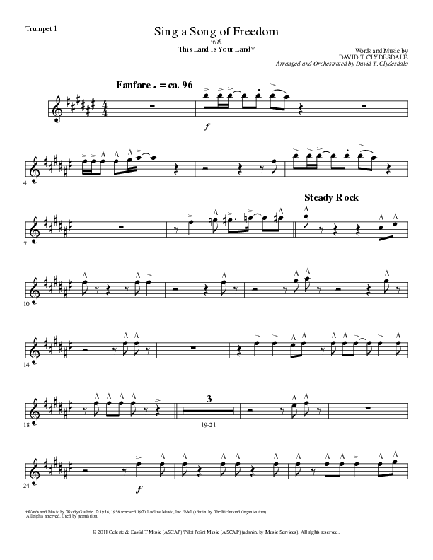 Sing A Song Of Freedom with This Land Is Your Land (Choral Anthem SATB) Trumpet 1 (Lillenas Choral / Arr. David Clydesdale)