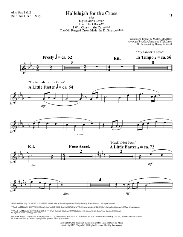 Hallelujah For The Cross (with My Savior's Love, Had It Not Been, I Will Glory In The Cross, The Old (Choral Anthem SATB) Alto Sax 1/2 (Lillenas Choral / Arr. Mike Speck / Arr. Cliff Duren / Orch. Danny Zaloudik)