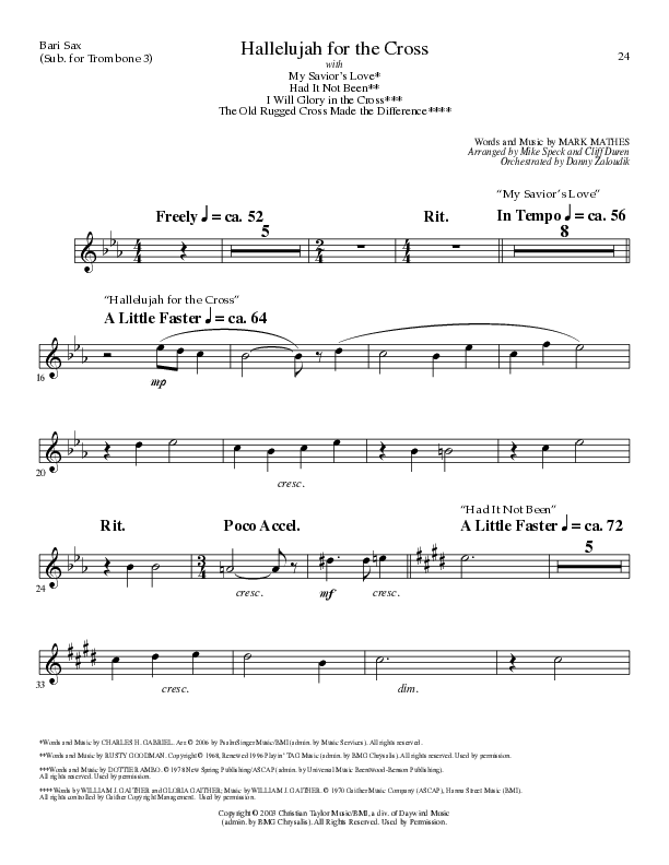 Hallelujah For The Cross (with My Savior's Love, Had It Not Been, I Will Glory In The Cross, The Old (Choral Anthem SATB) Bari Sax (Lillenas Choral / Arr. Mike Speck / Arr. Cliff Duren / Orch. Danny Zaloudik)