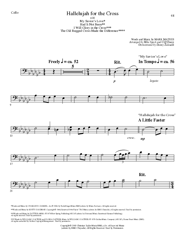 Hallelujah For The Cross (with My Savior's Love, Had It Not Been, I Will Glory In The Cross, The Old (Choral Anthem SATB) Cello (Lillenas Choral / Arr. Mike Speck / Arr. Cliff Duren / Orch. Danny Zaloudik)