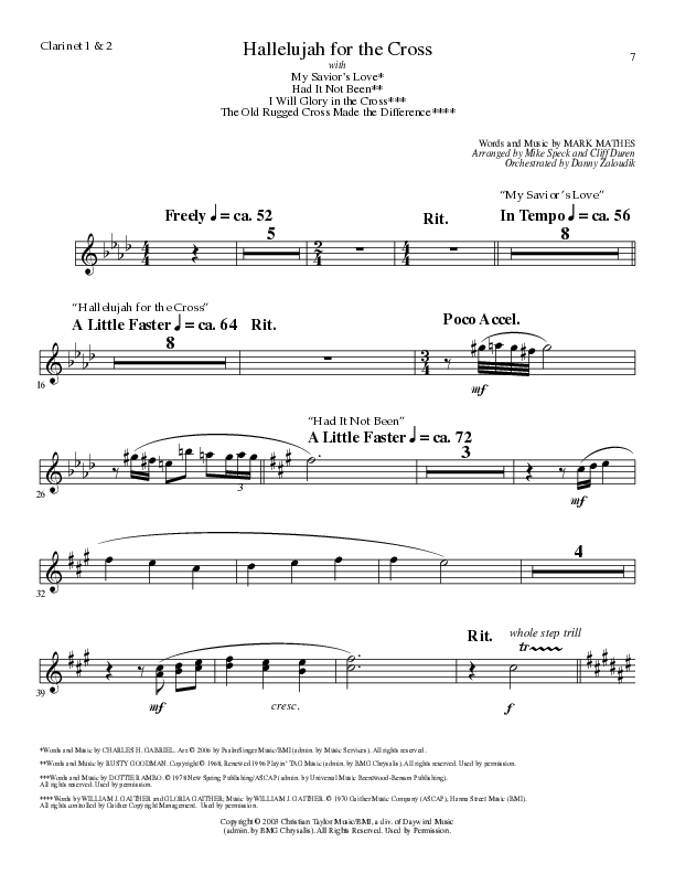 Hallelujah For The Cross (with My Savior's Love, Had It Not Been, I Will Glory In The Cross, The Old (Choral Anthem SATB) Clarinet 1/2 (Lillenas Choral / Arr. Mike Speck / Arr. Cliff Duren / Orch. Danny Zaloudik)