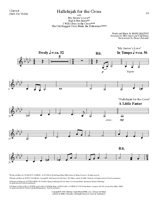 Hallelujah For The Cross (with My Savior's Love, Had It Not Been, I Will Glory In The Cross, The Old (Choral Anthem SATB) Clarinet (Lillenas Choral / Arr. Mike Speck / Arr. Cliff Duren / Orch. Danny Zaloudik)
