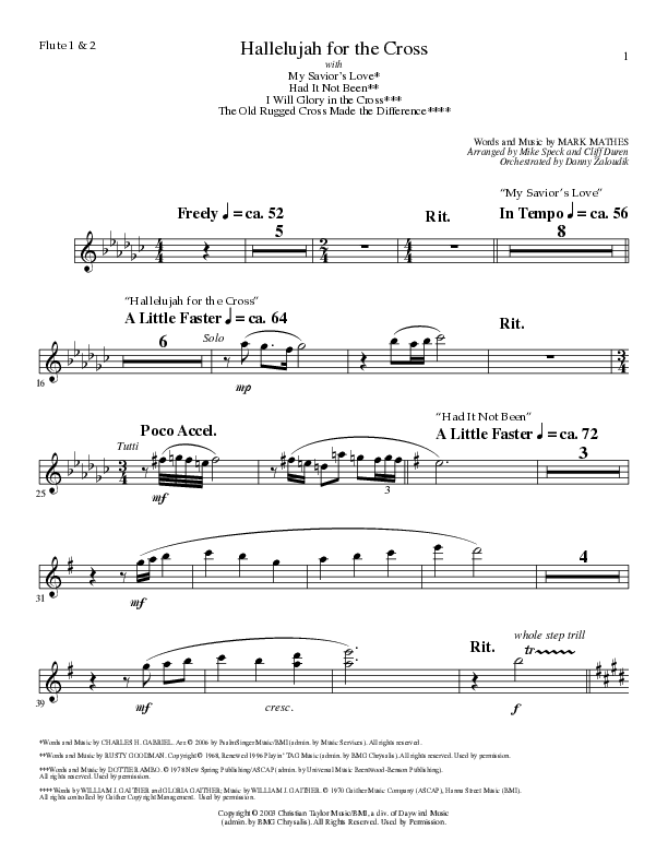 Hallelujah For The Cross (with My Savior's Love, Had It Not Been, I Will Glory In The Cross, The Old (Choral Anthem SATB) Flute 1/2 (Lillenas Choral / Arr. Mike Speck / Arr. Cliff Duren / Orch. Danny Zaloudik)
