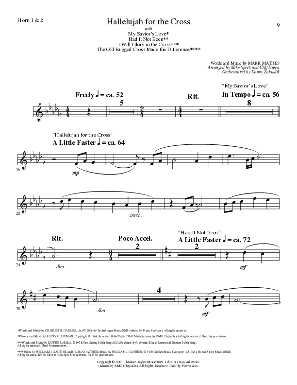 Hallelujah For The Cross (with My Savior's Love, Had It Not Been, I Will Glory In The Cross, The Old (Choral Anthem SATB) French Horn 1/2 (Lillenas Choral / Arr. Mike Speck / Arr. Cliff Duren / Orch. Danny Zaloudik)