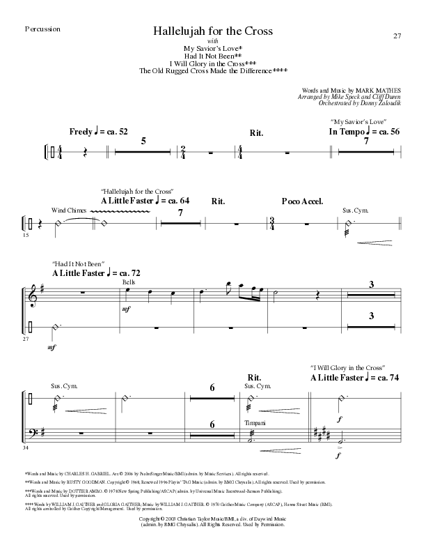 Hallelujah For The Cross (with My Savior's Love, Had It Not Been, I Will Glory In The Cross, The Old (Choral Anthem SATB) Percussion (Lillenas Choral / Arr. Mike Speck / Arr. Cliff Duren / Orch. Danny Zaloudik)