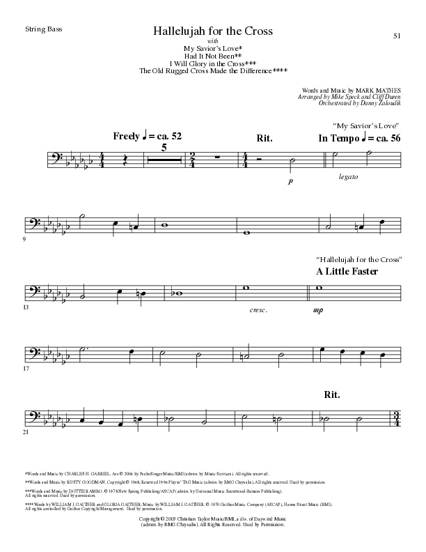 Hallelujah For The Cross (with My Savior's Love, Had It Not Been, I Will Glory In The Cross, The Old (Choral Anthem SATB) String Bass (Lillenas Choral / Arr. Mike Speck / Arr. Cliff Duren / Orch. Danny Zaloudik)