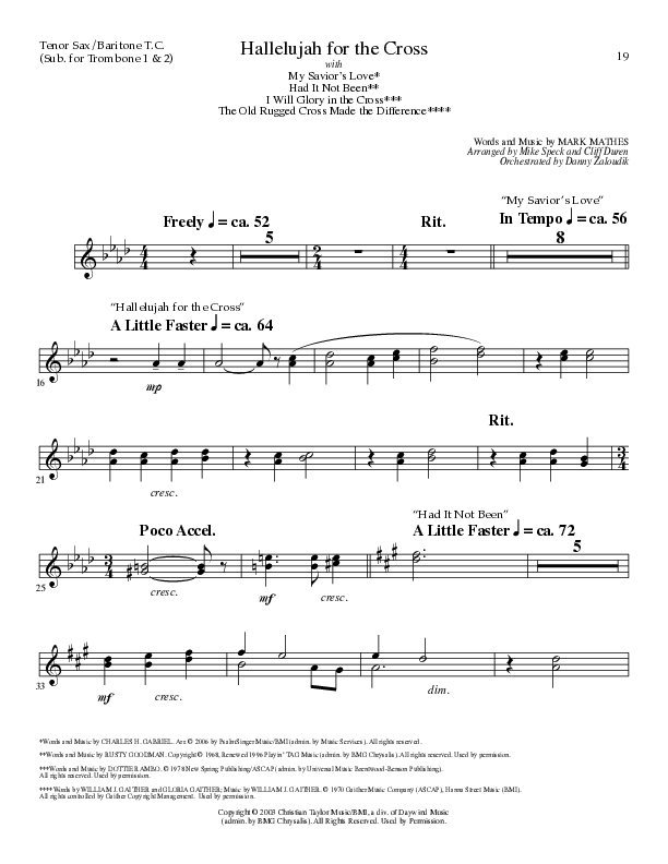 Hallelujah For The Cross (with My Savior's Love, Had It Not Been, I Will Glory In The Cross, The Old (Choral Anthem SATB) Tenor Sax/Baritone T.C. (Lillenas Choral / Arr. Mike Speck / Arr. Cliff Duren / Orch. Danny Zaloudik)