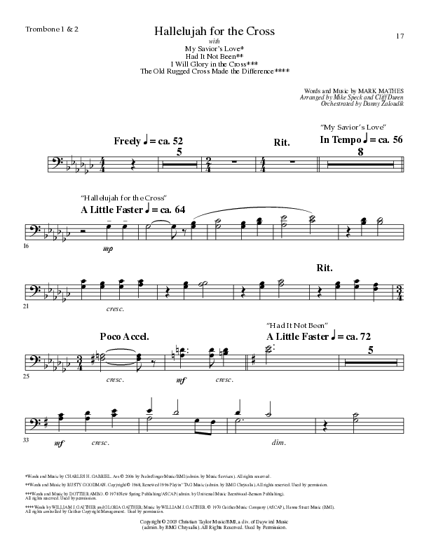 Hallelujah For The Cross (with My Savior's Love, Had It Not Been, I Will Glory In The Cross, The Old (Choral Anthem SATB) Trombone 1/2 (Lillenas Choral / Arr. Mike Speck / Arr. Cliff Duren / Orch. Danny Zaloudik)