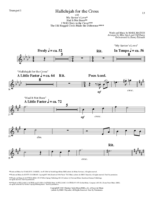 Hallelujah For The Cross (with My Savior's Love, Had It Not Been, I Will Glory In The Cross, The Old (Choral Anthem SATB) Trumpet 1 (Lillenas Choral / Arr. Mike Speck / Arr. Cliff Duren / Orch. Danny Zaloudik)