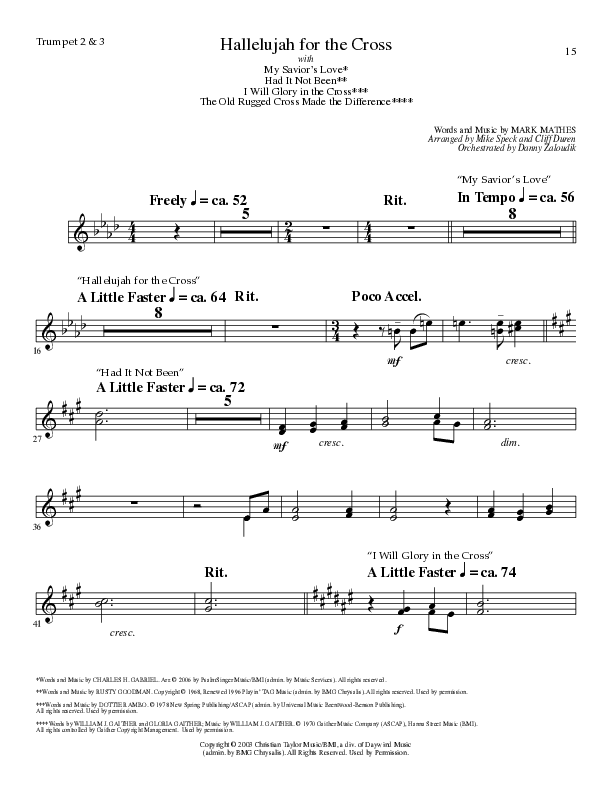 Hallelujah For The Cross (with My Savior's Love, Had It Not Been, I Will Glory In The Cross, The Old (Choral Anthem SATB) Trumpet 2/3 (Lillenas Choral / Arr. Mike Speck / Arr. Cliff Duren / Orch. Danny Zaloudik)