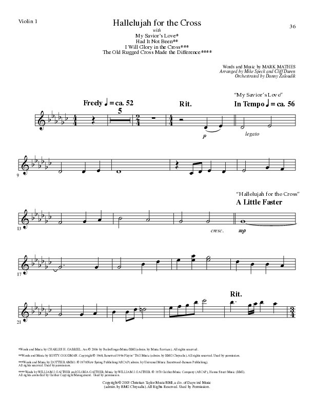 Hallelujah For The Cross (with My Savior's Love, Had It Not Been, I Will Glory In The Cross, The Old (Choral Anthem SATB) Violin 1 (Lillenas Choral / Arr. Mike Speck / Arr. Cliff Duren / Orch. Danny Zaloudik)