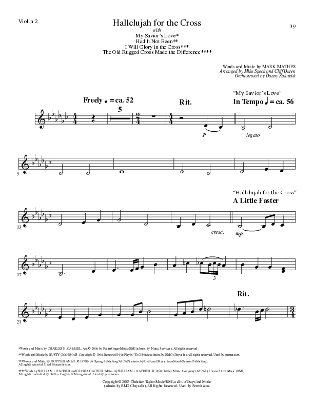 Hallelujah For The Cross (with My Savior's Love, Had It Not Been, I Will Glory In The Cross, The Old (Choral Anthem SATB) Violin 2 (Lillenas Choral / Arr. Mike Speck / Arr. Cliff Duren / Orch. Danny Zaloudik)