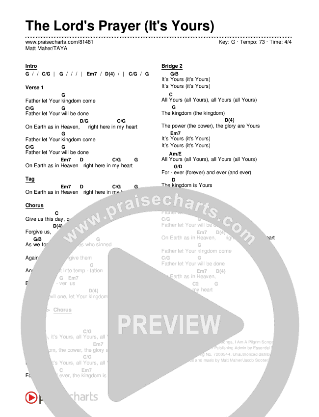 The Lord's Prayer (It's Yours) Chords & Lyrics (Matt Maher / TAYA)