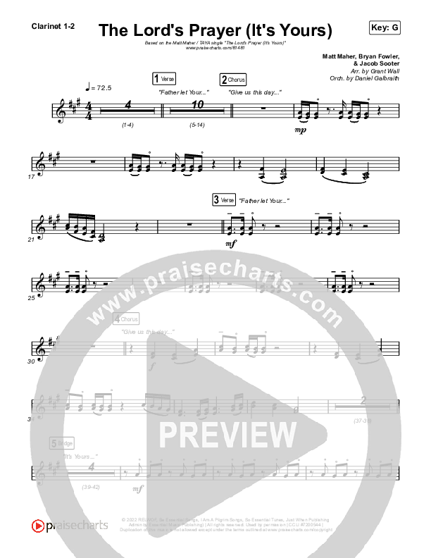 The Lord's Prayer (It's Yours) Clarinet 1/2 (Matt Maher / TAYA)