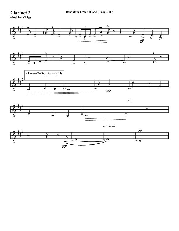 Behold The Grace Of God (to the tune Amazing Grace) (Choral Anthem SATB) Clarinet 3 (Word Music Choral / Arr. J. Daniel Smith)