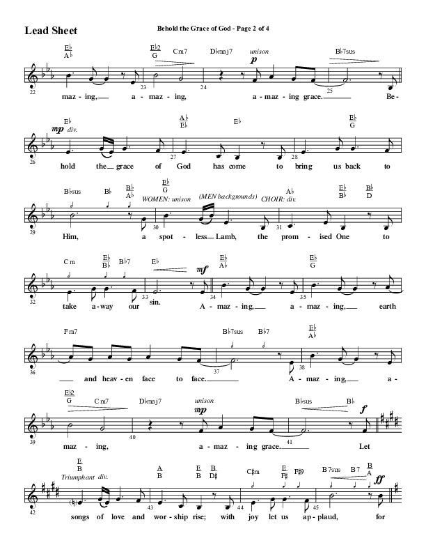 Behold The Grace Of God (Choral Anthem SATB) Lead Sheet (Melody) (Word Music Choral / Arr. J. Daniel Smith)