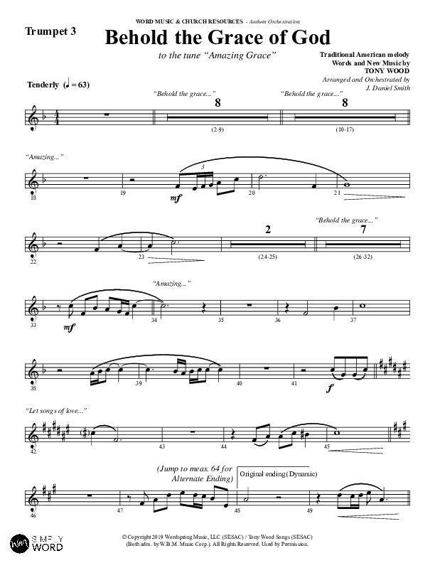 Behold The Grace Of God (to the tune Amazing Grace) (Choral Anthem SATB) Trumpet 3 (Word Music Choral / Arr. J. Daniel Smith)