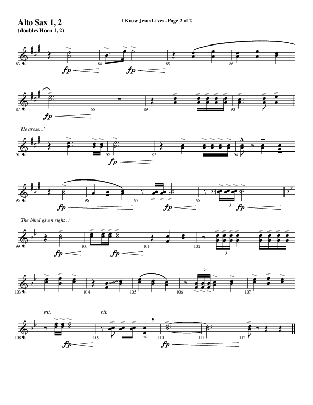 I Know Jesus Lives (Choral Anthem SATB) Alto Sax 1/2 (Word Music Choral / Arr. Marty Hamby)