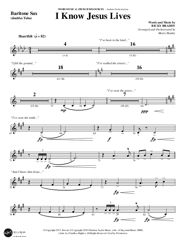 I Know Jesus Lives (Choral Anthem SATB) Bari Sax (Word Music Choral / Arr. Marty Hamby)