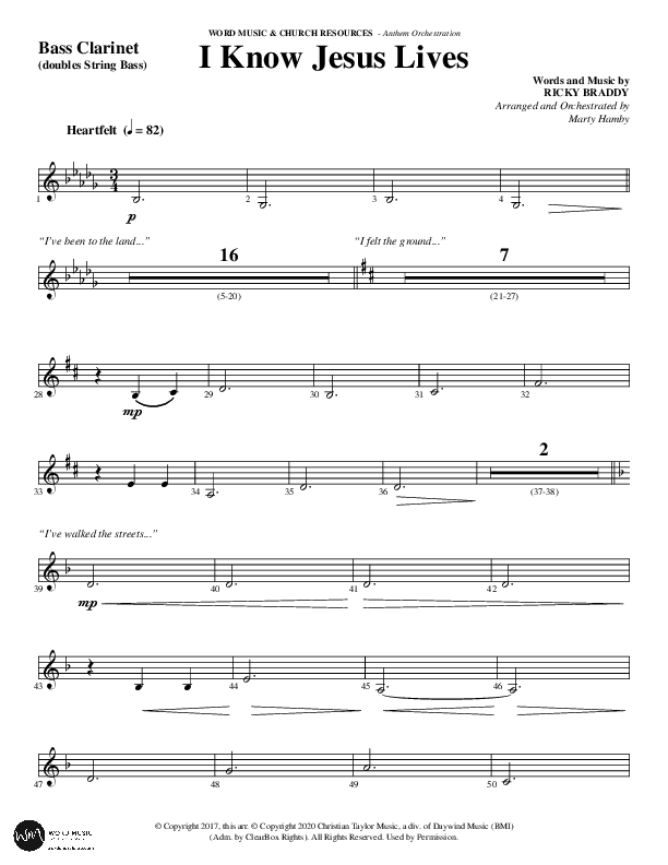 I Know Jesus Lives (Choral Anthem SATB) Bass Clarinet (Word Music Choral / Arr. Marty Hamby)