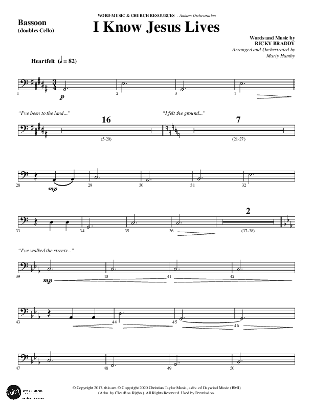 I Know Jesus Lives (Choral Anthem SATB) Bassoon (Word Music Choral / Arr. Marty Hamby)