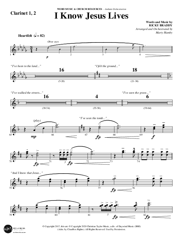 I Know Jesus Lives (Choral Anthem SATB) Clarinet 1/2 (Word Music Choral / Arr. Marty Hamby)