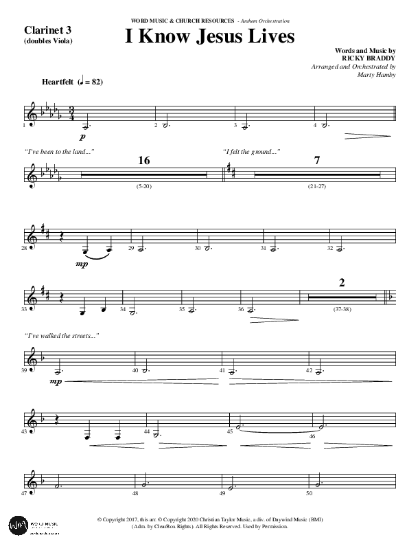 I Know Jesus Lives (Choral Anthem SATB) Clarinet 3 (Word Music Choral / Arr. Marty Hamby)