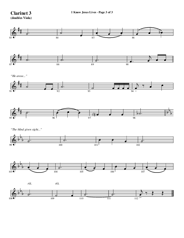 I Know Jesus Lives (Choral Anthem SATB) Clarinet 3 (Word Music Choral / Arr. Marty Hamby)