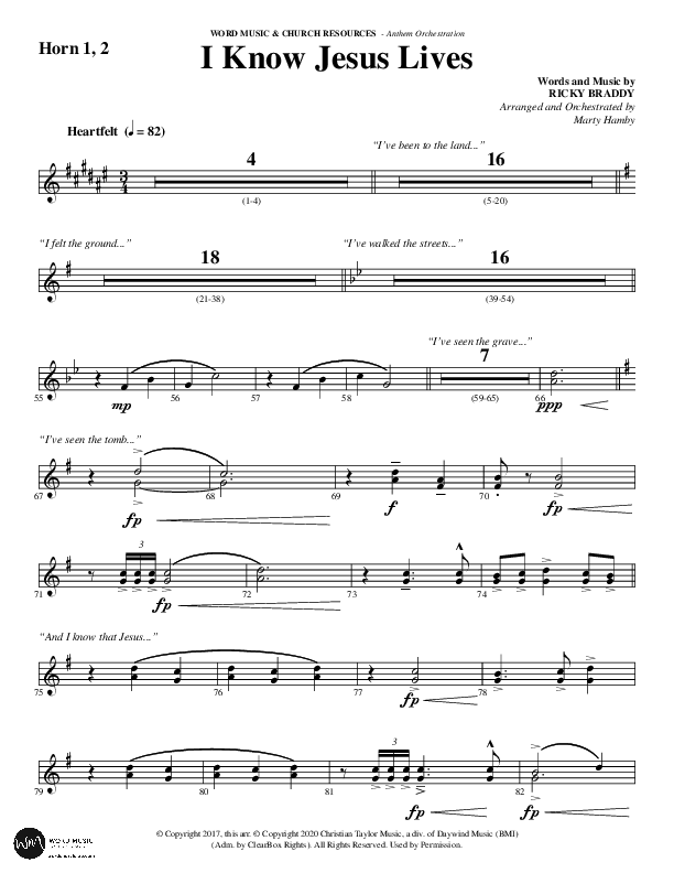 I Know Jesus Lives (Choral Anthem SATB) French Horn 1/2 (Word Music Choral / Arr. Marty Hamby)