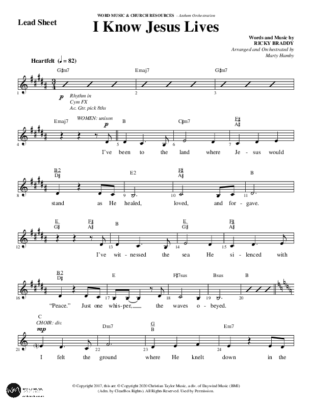 I Know Jesus Lives (Choral Anthem SATB) Lead Sheet (Melody) (Word Music Choral / Arr. Marty Hamby)
