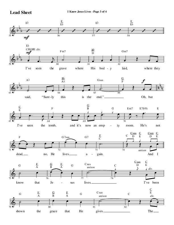I Know Jesus Lives (Choral Anthem SATB) Lead Sheet (Melody) (Word Music Choral / Arr. Marty Hamby)