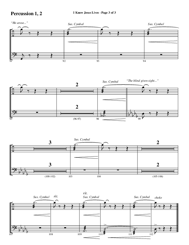 I Know Jesus Lives (Choral Anthem SATB) Percussion 1/2 (Word Music Choral / Arr. Marty Hamby)