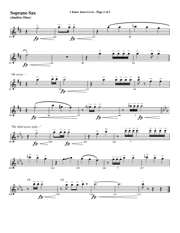 I Know Jesus Lives (Choral Anthem SATB) Soprano Sax (Word Music Choral / Arr. Marty Hamby)