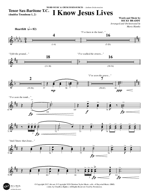 I Know Jesus Lives (Choral Anthem SATB) Tenor Sax/Baritone T.C. (Word Music Choral / Arr. Marty Hamby)
