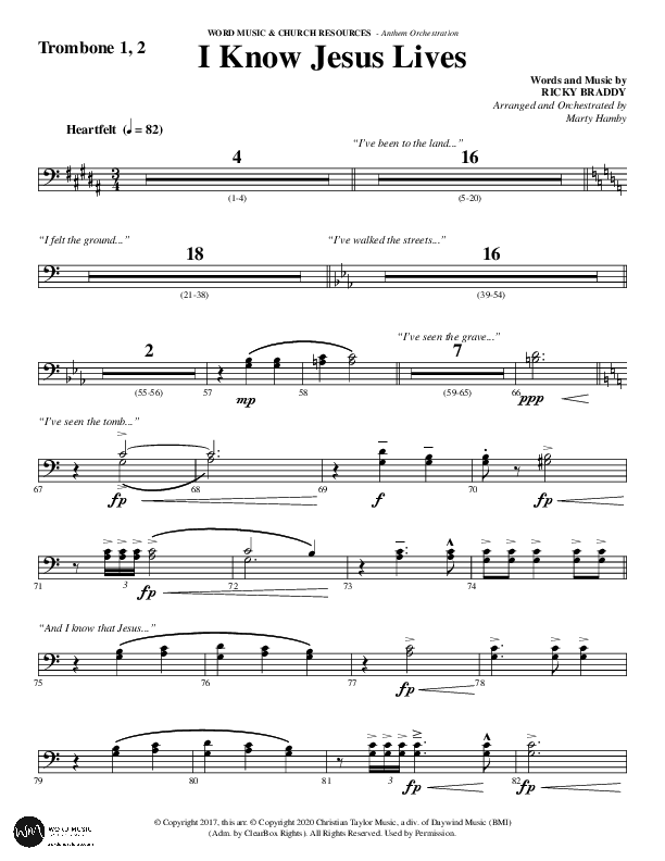 I Know Jesus Lives (Choral Anthem SATB) Trombone 1/2 (Word Music Choral / Arr. Marty Hamby)