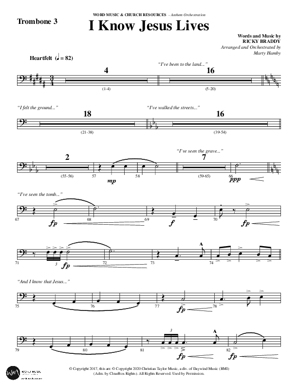 I Know Jesus Lives (Choral Anthem SATB) Trombone 3 (Word Music Choral / Arr. Marty Hamby)