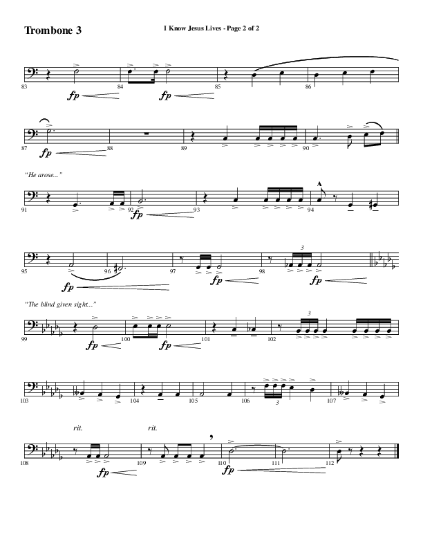 I Know Jesus Lives (Choral Anthem SATB) Trombone 3 (Word Music Choral / Arr. Marty Hamby)